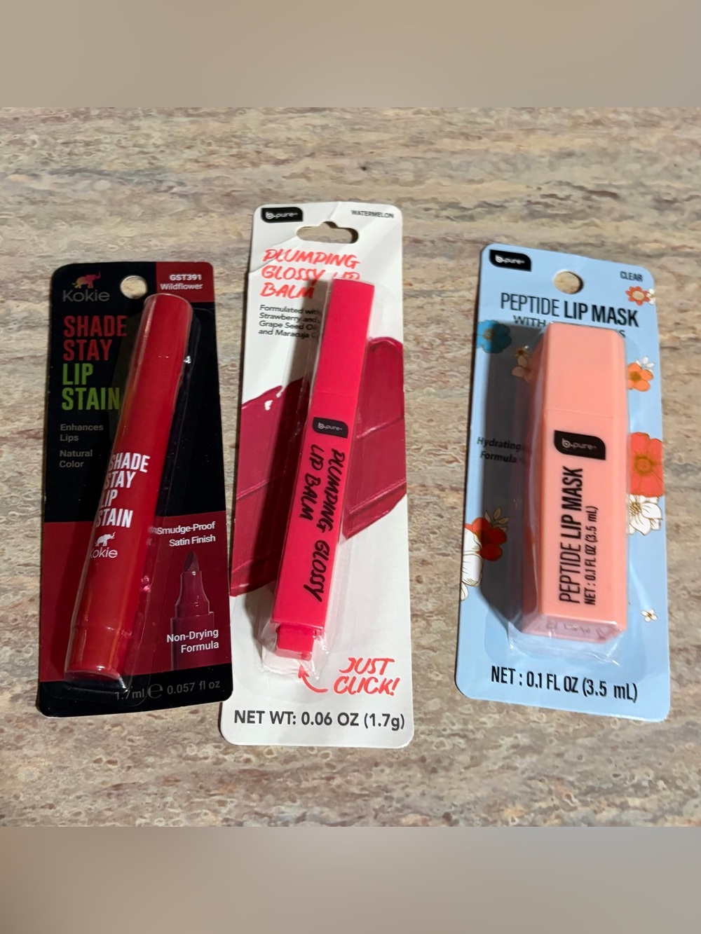 Watermelon Plumping Glossy Lip Balm, Kokie Wildflower lip stain, Peptide Stain